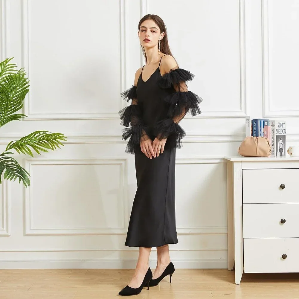 Women's Black Satin Tulle  Ruffled Puff Long Gloves Banquet Wedding Party